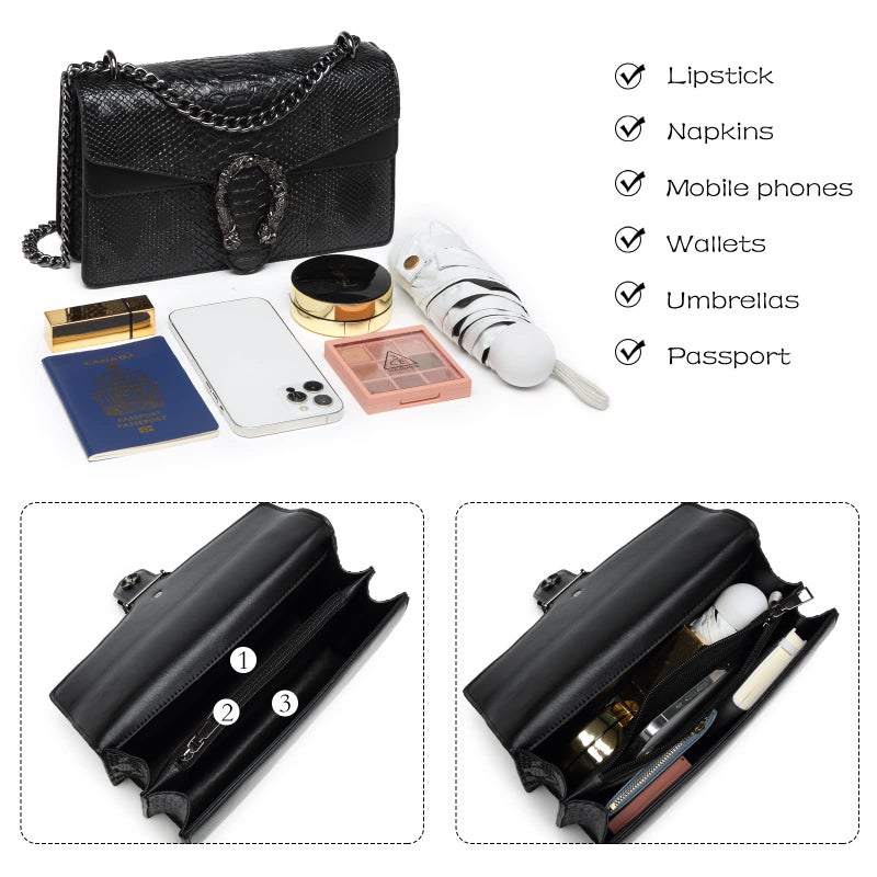 MYHOZEE Crossbody Bags for Women - Snake Printed Clutch Purses Leather Shoulder Bags Chain Strap Evening Handbags Black - Image 4