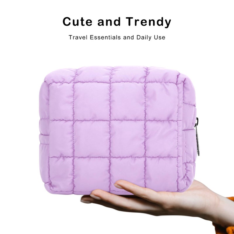 E-Tree Cute Makeup Bag,Quilted Cosmetic Bag for Women,Make up Pouch for Purse,Toiletry Zipper Pouch,Checkered Bag,Travel Case,Storage Pouches for Organization (Purple) - Image 5