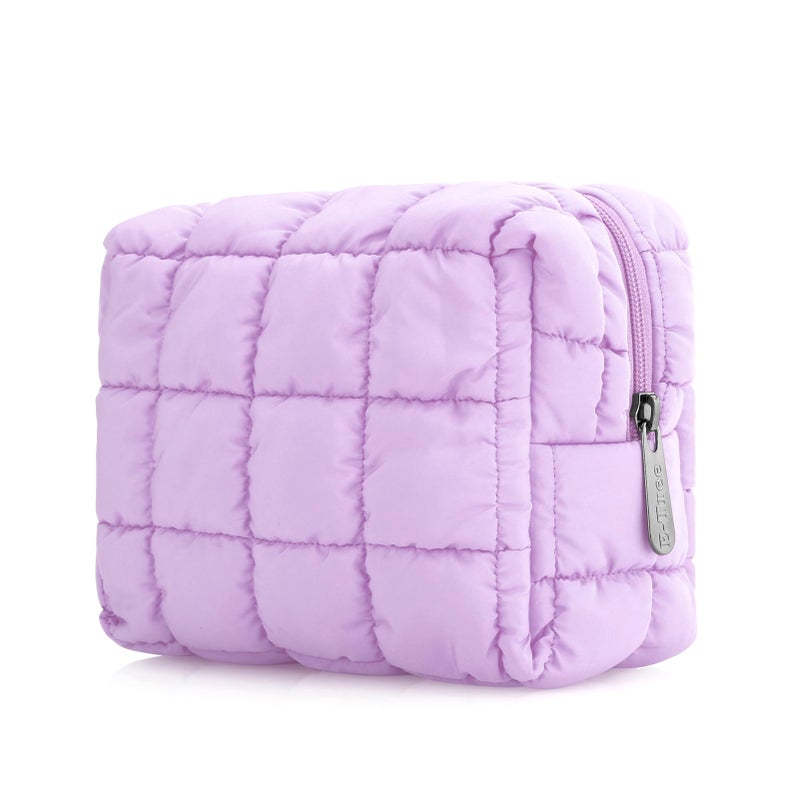 E-Tree Cute Makeup Bag,Quilted Cosmetic Bag for Women,Make up Pouch for Purse,Toiletry Zipper Pouch,Checkered Bag,Travel Case,Storage Pouches for Organization (Purple) - Image 1