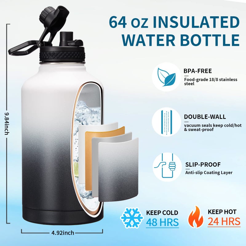 VICKNIY Half Gallon Water-Bottle with straw - 64oz Vacuum Insulated Water Bottles with Paracord Handle  Straw Spout Lids  Water Bottle Carrier Holder  Protective Cup Mat  2 Liter Stainless Steel Water Jug - Image 4