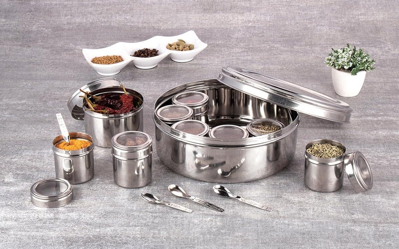 NATULIX Stainless Steel Stylish 9 IN 1 Masala Box for Kitchen | Spice Box for Kitchen | Masala Dani| Masala Dabba with individual See through lid 4 Spoons | Silver (2.5 Ltr | X-Large | 22.5cm) - Image 2