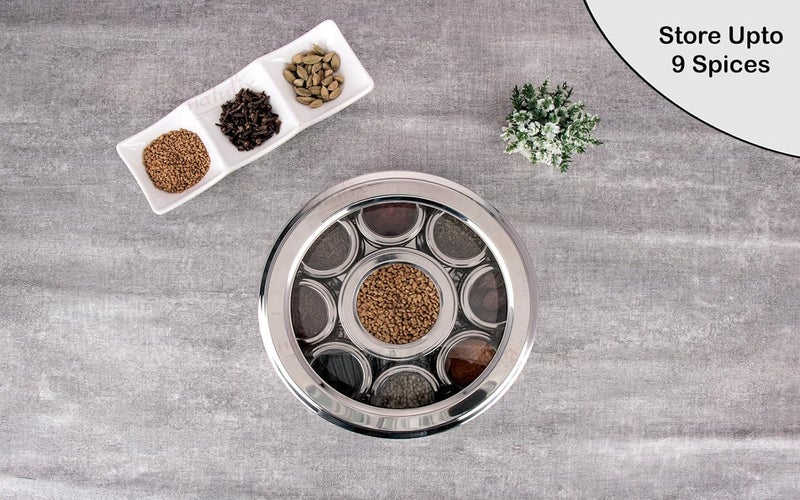 NATULIX Stainless Steel Stylish 9 IN 1 Masala Box for Kitchen | Spice Box for Kitchen | Masala Dani| Masala Dabba with individual See through lid 4 Spoons | Silver (2.5 Ltr | X-Large | 22.5cm) - Image 4