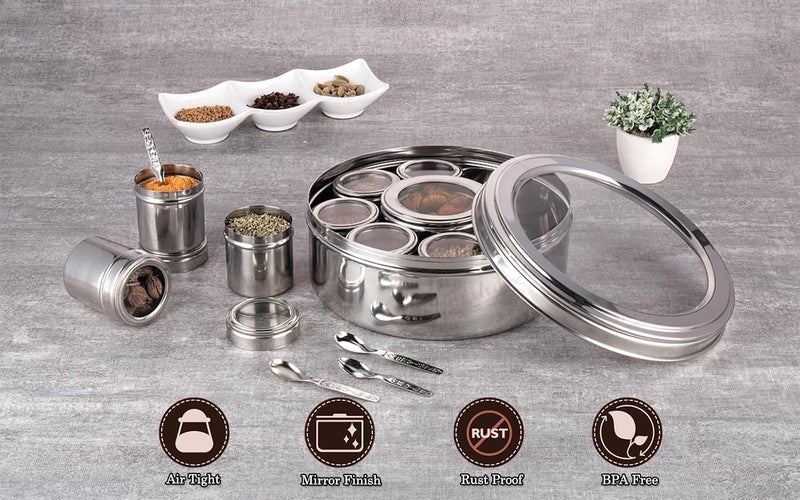 NATULIX Stainless Steel Stylish 9 IN 1 Masala Box for Kitchen | Spice Box for Kitchen | Masala Dani| Masala Dabba with individual See through lid 4 Spoons | Silver (2.5 Ltr | X-Large | 22.5cm) - Image 5