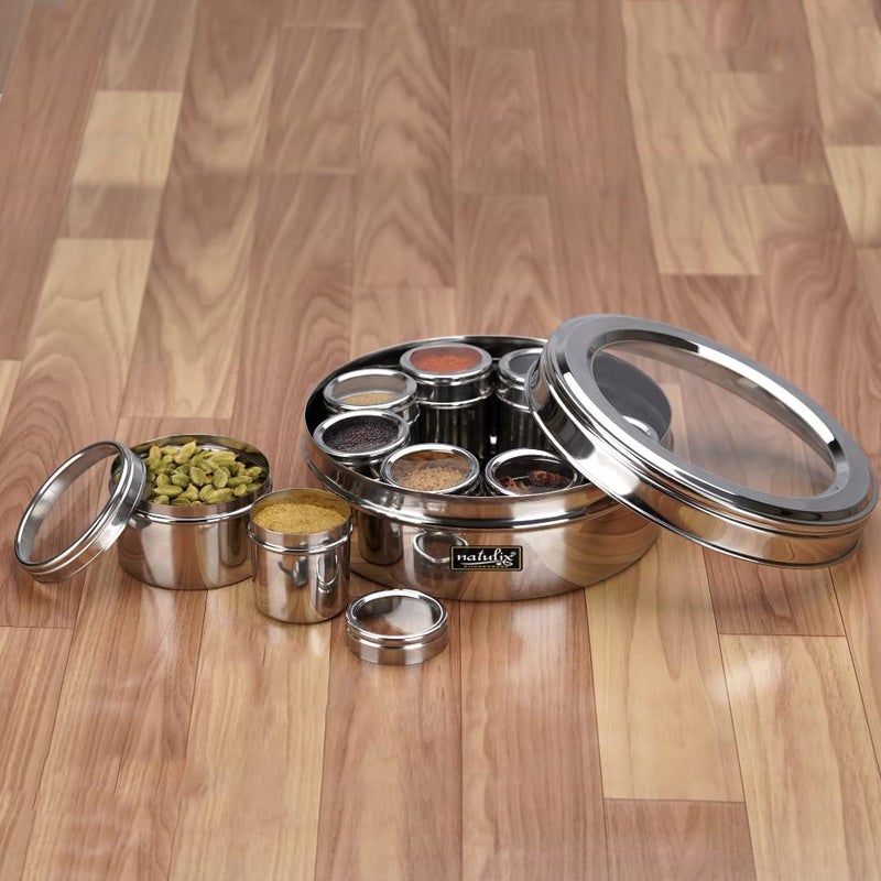 NATULIX Stainless Steel Stylish 9 IN 1 Masala Box for Kitchen | Spice Box for Kitchen | Masala Dani| Masala Dabba with individual See through lid 4 Spoons | Silver (2.5 Ltr | X-Large | 22.5cm) - Image 1