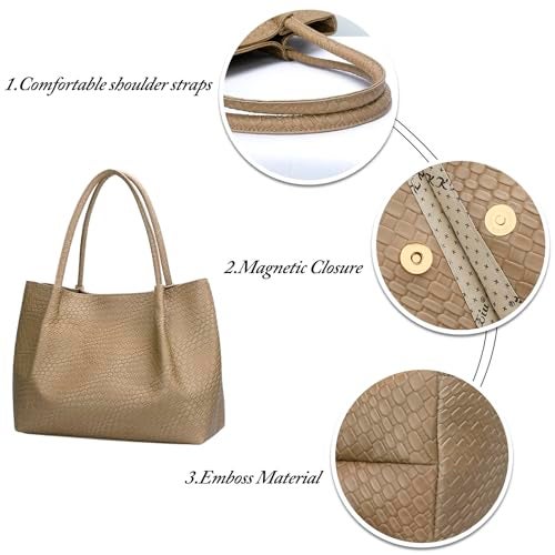 KKXIU Tote Bag for Women Vegan Leather Shoulder Purse Trendy Soft Travel Bag - Apricot - Image 4