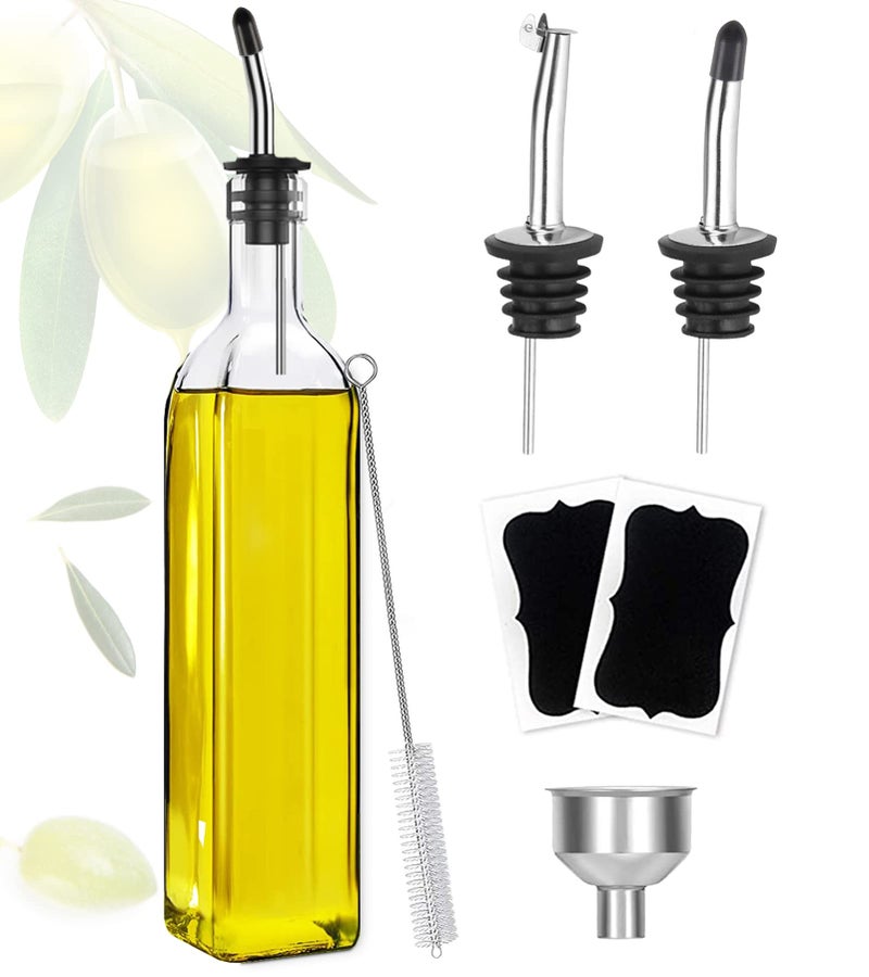 Showvigor Olive Oil Dispenser Bottle, Oil and Vinegar Cruet Bottle 17oz/500 ml, Square Tall Glass Oil Container with 2 Stainless Steel Pourers, 2 Labels,1 Brush and 1 Funnel Oil Bottles for Kitchen - Image 1