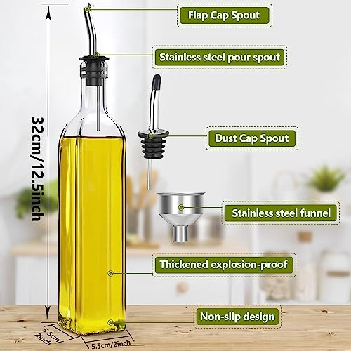 Showvigor Olive Oil Dispenser Bottle, Oil and Vinegar Cruet Bottle 17oz/500 ml, Square Tall Glass Oil Container with 2 Stainless Steel Pourers, 2 Labels,1 Brush and 1 Funnel Oil Bottles for Kitchen - Image 2