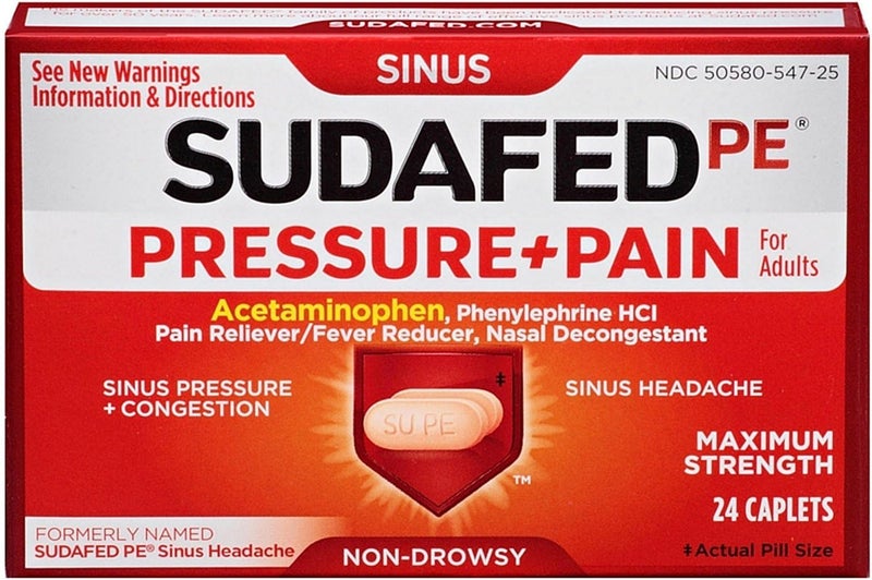SUDAFED PE Pressure + Pain Maximum Strength Caplets for Adults 24 ea (Pack of 4)