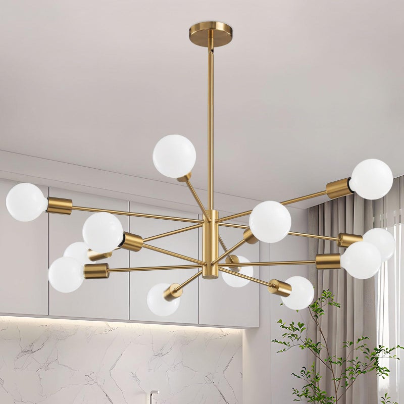 RUIYEY Modern Sputnik Chandeliers Light, 12-Light Gold Gold Dining Room Chandelier Over Table, Height Adjustable Industrial Semi Flush Mount Mid Century Chandelier for Kitchen Island Living Room - Image 1