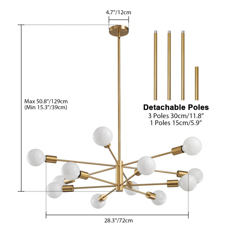 RUIYEY Modern Sputnik Chandeliers Light, 12-Light Gold Gold Dining Room Chandelier Over Table, Height Adjustable Industrial Semi Flush Mount Mid Century Chandelier for Kitchen Island Living Room - Image 2