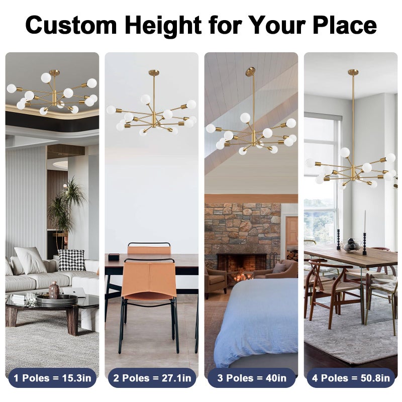 RUIYEY Modern Sputnik Chandeliers Light, 12-Light Gold Gold Dining Room Chandelier Over Table, Height Adjustable Industrial Semi Flush Mount Mid Century Chandelier for Kitchen Island Living Room - Image 3
