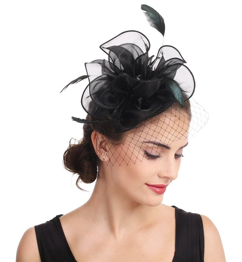 SAFERIN Fascinators Hat Sinamay Flower Mesh Feathers on a Headband and a Clip Tea Party Headwear for Girls and Women (TA2-Floral Mesh Black) - Image 3