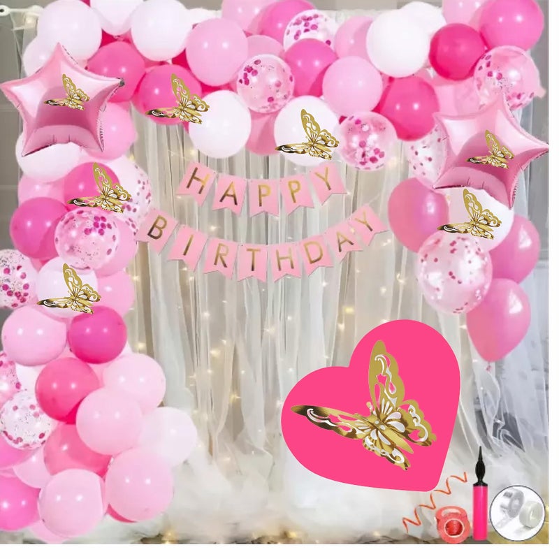 FOOGAA Luxurious Birthday Decorations Kit with Pink, Baby Pink, and White Balloons and 3D Butterflies - 78 Pieces for Stunning Celebrations - Image 1