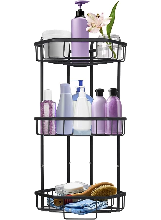 Raxoom Standing Free Shower Caddy, Rustproof Floor Caddy for Bathroom/Kitchen, 3-Tier Aluminum Corner Shower Rack No Assembly Required (Black) - Image 1
