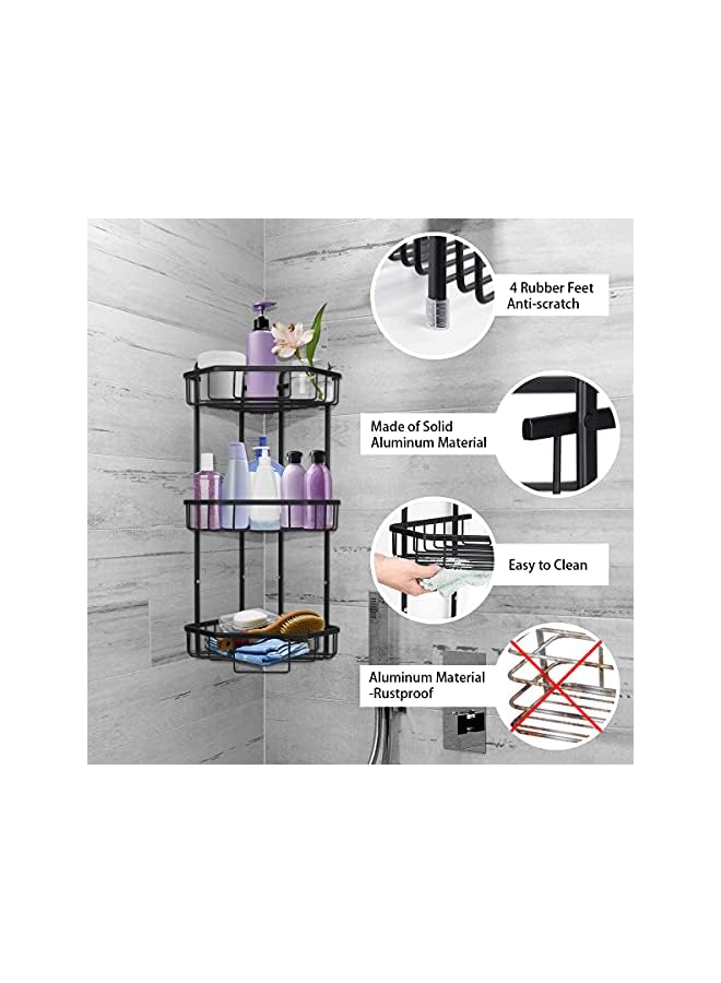 Raxoom Standing Free Shower Caddy, Rustproof Floor Caddy for Bathroom/Kitchen, 3-Tier Aluminum Corner Shower Rack No Assembly Required (Black) - Image 4