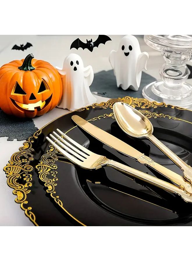 50 قطعة مجموعة أدوات مائدة بلاستيكية باللون الأسود والذهبي، شوك وسكاكين وملاعق وأطباق قابلة للغسل - Image 3