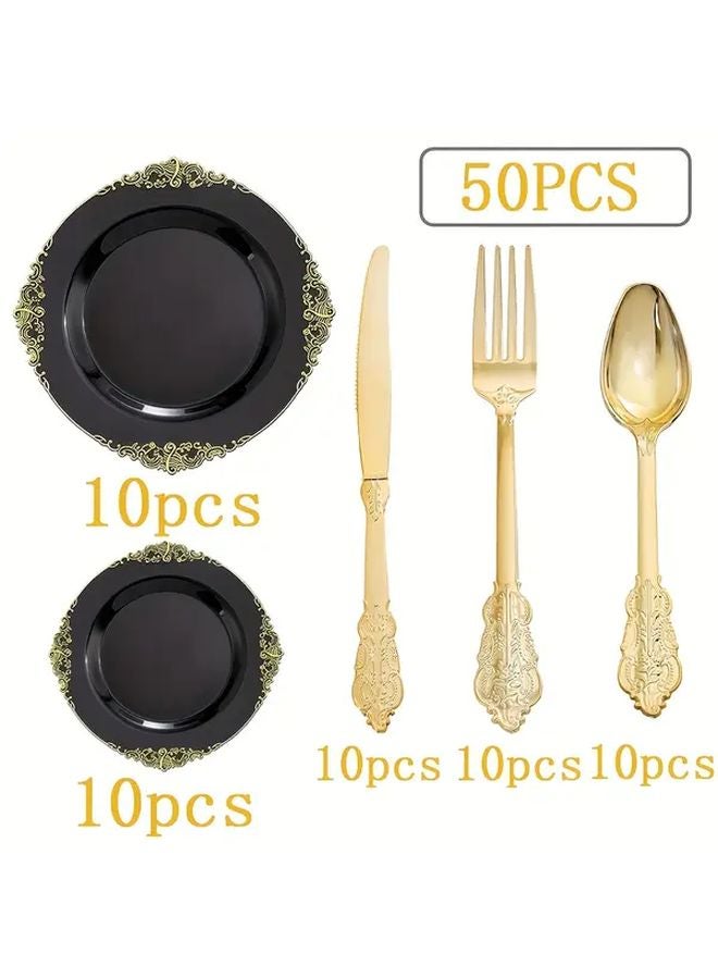 50 قطعة مجموعة أدوات مائدة بلاستيكية باللون الأسود والذهبي، شوك وسكاكين وملاعق وأطباق قابلة للغسل - Image 1