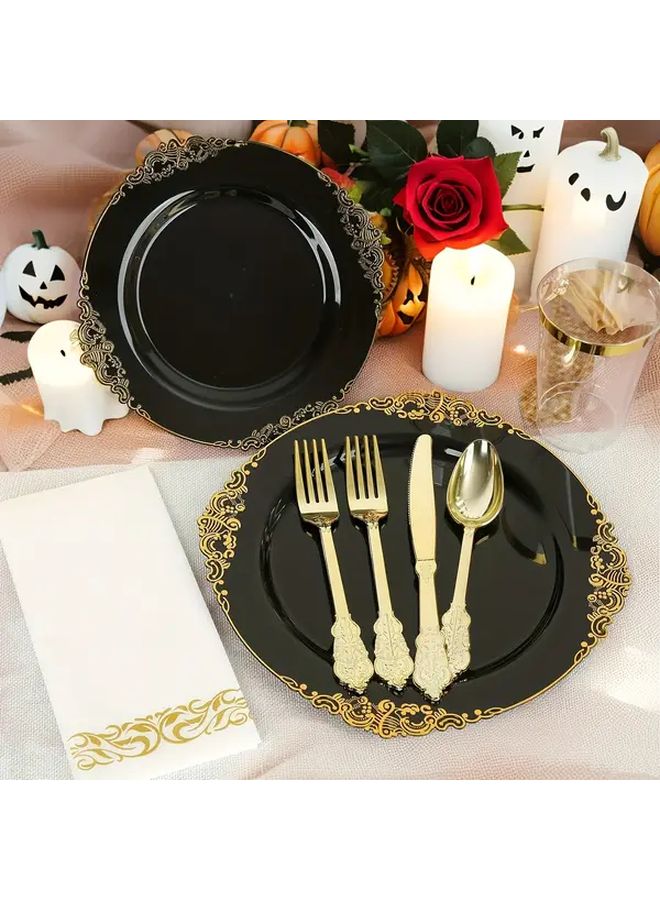50 قطعة مجموعة أدوات مائدة بلاستيكية باللون الأسود والذهبي، شوك وسكاكين وملاعق وأطباق قابلة للغسل - Image 2
