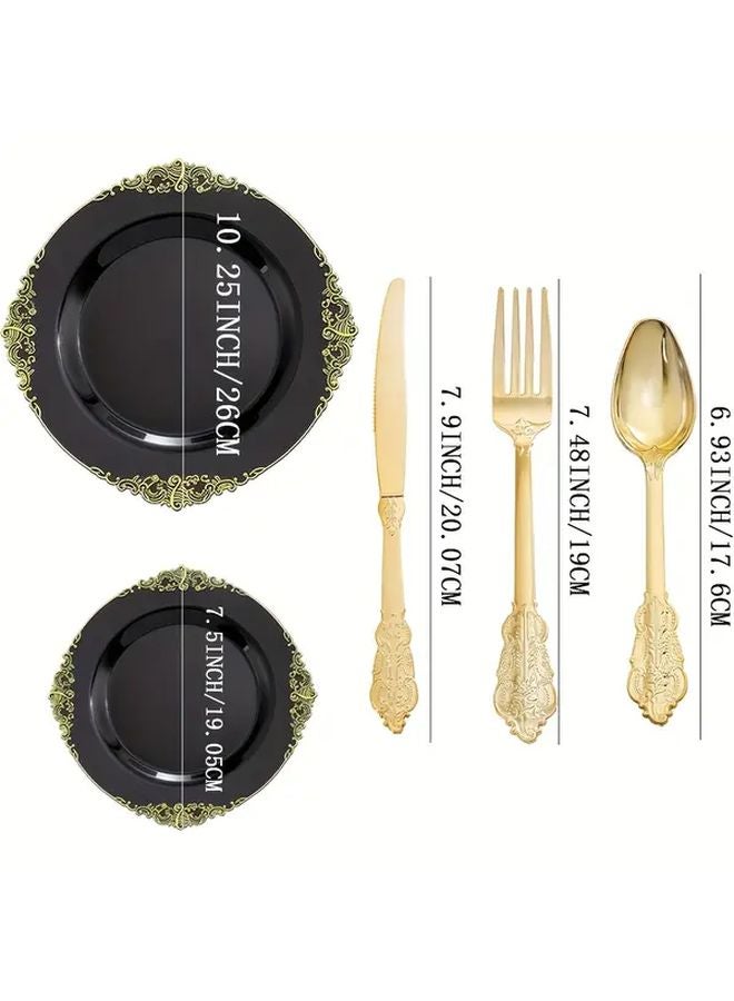 50 قطعة مجموعة أدوات مائدة بلاستيكية باللون الأسود والذهبي، شوك وسكاكين وملاعق وأطباق قابلة للغسل - Image 4