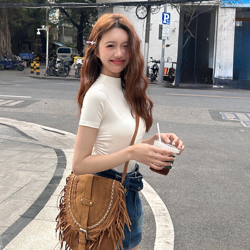 Js Half Turtleneck Threaded Short-Sleeved T-Shirt Women's Summer Loose Mid-Collar Half-Sleeved T-Shirt Elegant Shoulder-Sleeved Bottoming Top - Image 4