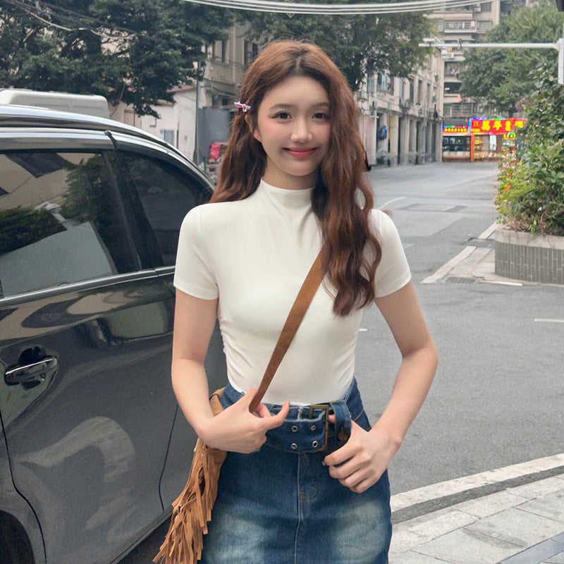 Js Half Turtleneck Threaded Short-Sleeved T-Shirt Women's Summer Loose Mid-Collar Half-Sleeved T-Shirt Elegant Shoulder-Sleeved Bottoming Top - Image 2
