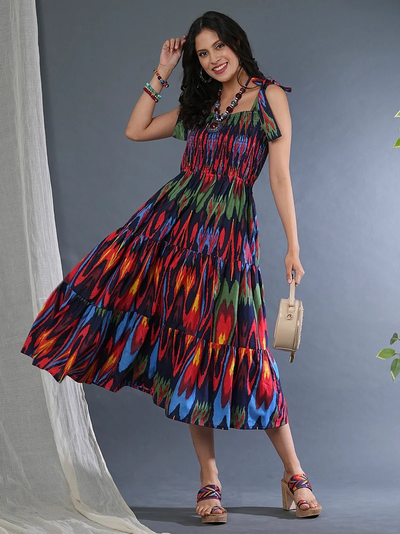 Women Bohemian Printed Shoulder Straps Fit & Flare Midi Dress