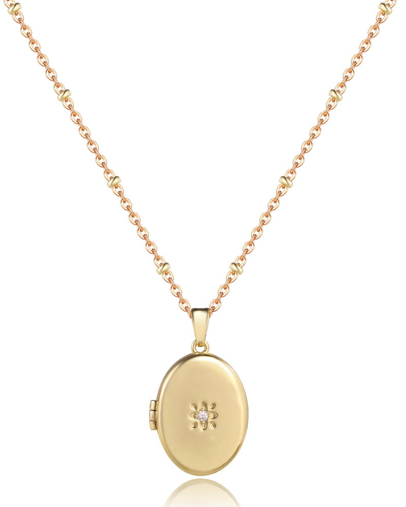 YOUFENG Oval Zircon Locket Necklace that Holds Pictures Photo Locket Birthday Gifts Golden - Image 1