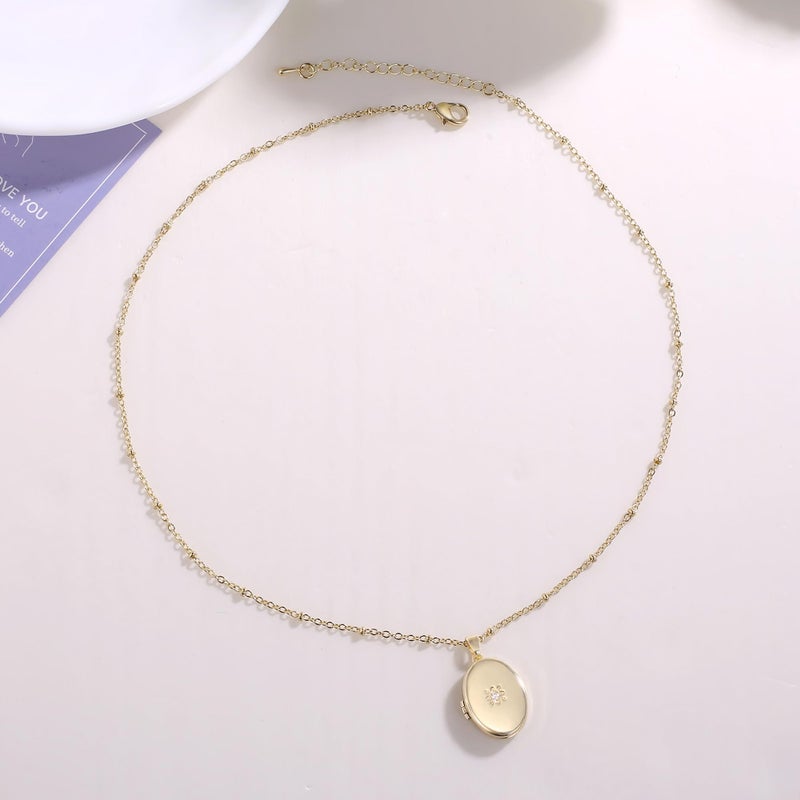 YOUFENG Oval Zircon Locket Necklace that Holds Pictures Photo Locket Birthday Gifts Golden - Image 3