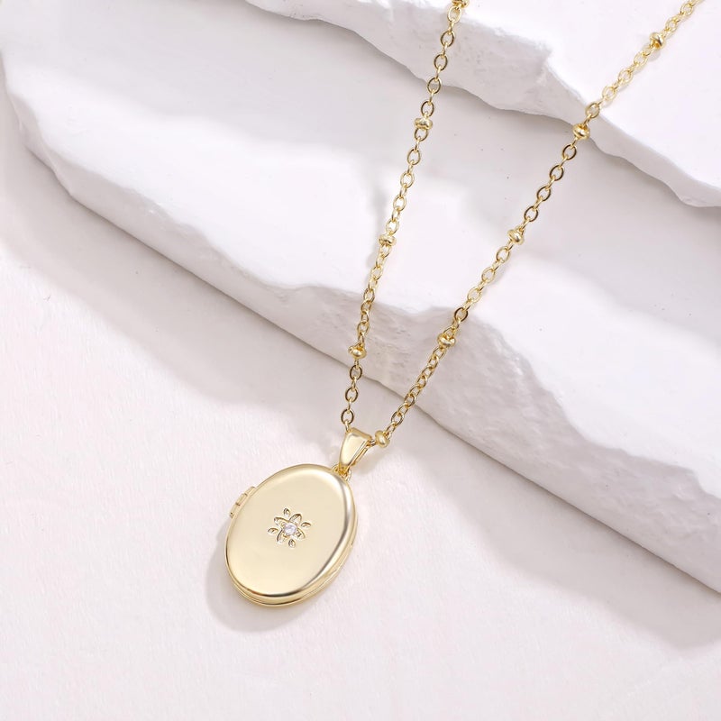 YOUFENG Oval Zircon Locket Necklace that Holds Pictures Photo Locket Birthday Gifts Golden - Image 2
