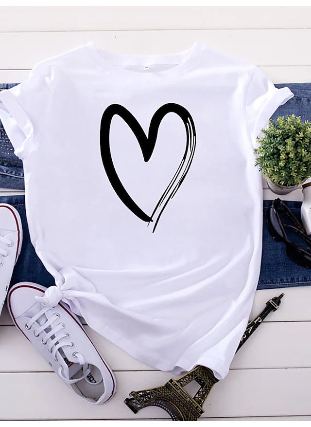 Generic - Womens Short Sleeve T-Shirt WISHEBAY Print Cotton Fresh Sweet Style round Neck Straight Tube Elegant Quality Cross-Border White - Image 1