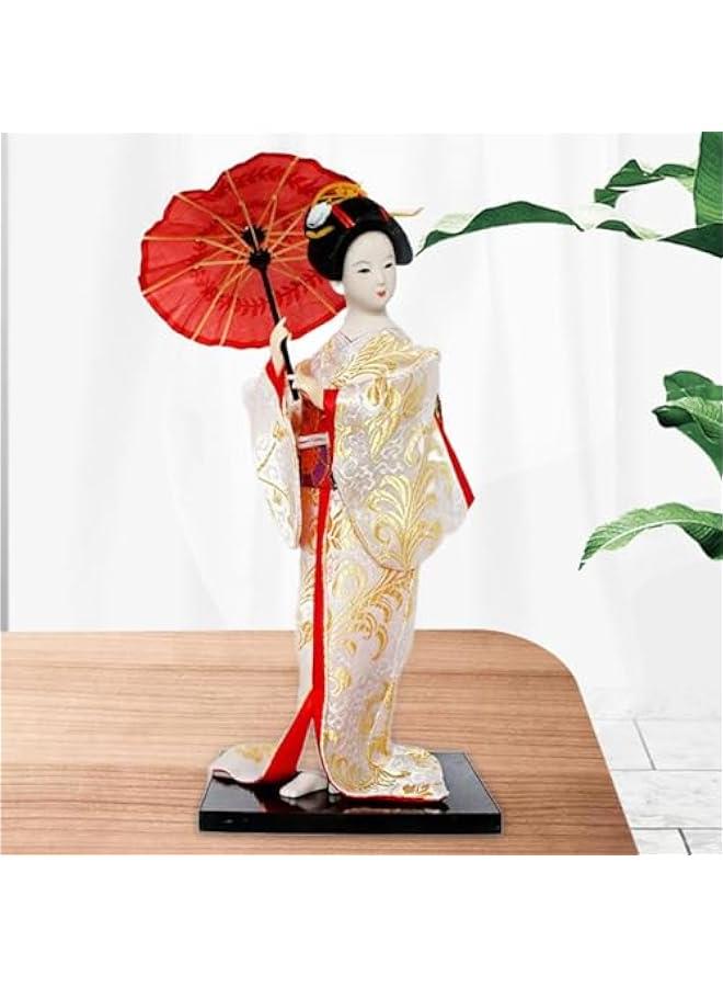 12 Japanese Geisha Lady Statuette Ornament Collectible Traditional Kimono Dolls Ethnic Japanese Geisha Dolls for Home Table, White and Gold - Image 2