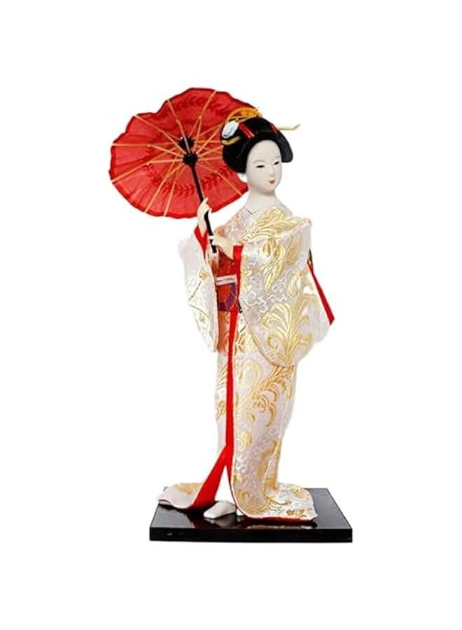 12 Japanese Geisha Lady Statuette Ornament Collectible Traditional Kimono Dolls Ethnic Japanese Geisha Dolls for Home Table, White and Gold - Image 1