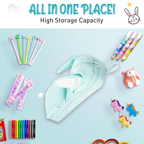 Dravina Polyester Large Capacity Pencil Pouch for Girls & Boys with 3 Zippers & 5 Compartments | Waterproof Aesthetic Cute Bunny Ears Standing Pencil Case for Kids, Multiutility Pouch (Sea Green) - Image 5