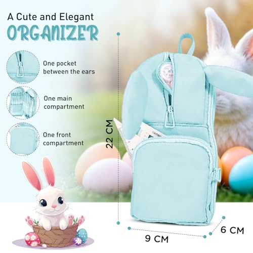 Dravina Polyester Large Capacity Pencil Pouch for Girls & Boys with 3 Zippers & 5 Compartments | Waterproof Aesthetic Cute Bunny Ears Standing Pencil Case for Kids, Multiutility Pouch (Sea Green) - Image 3