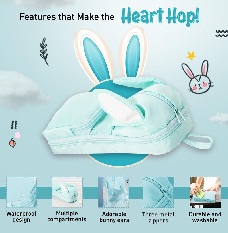 Dravina Polyester Large Capacity Pencil Pouch for Girls & Boys with 3 Zippers & 5 Compartments | Waterproof Aesthetic Cute Bunny Ears Standing Pencil Case for Kids, Multiutility Pouch (Sea Green) - Image 4