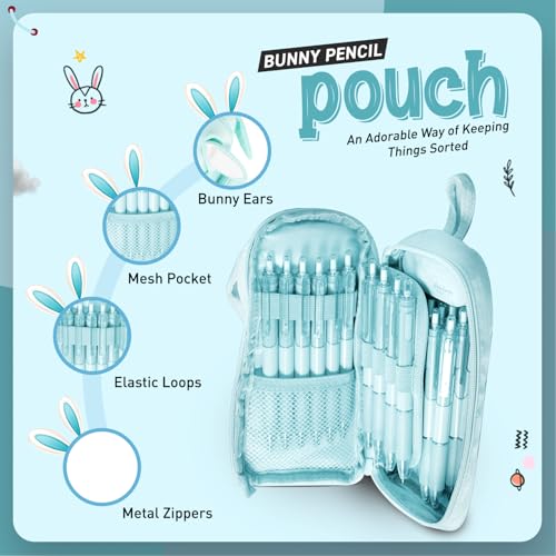Dravina Polyester Large Capacity Pencil Pouch for Girls & Boys with 3 Zippers & 5 Compartments | Waterproof Aesthetic Cute Bunny Ears Standing Pencil Case for Kids, Multiutility Pouch (Sea Green) - Image 2