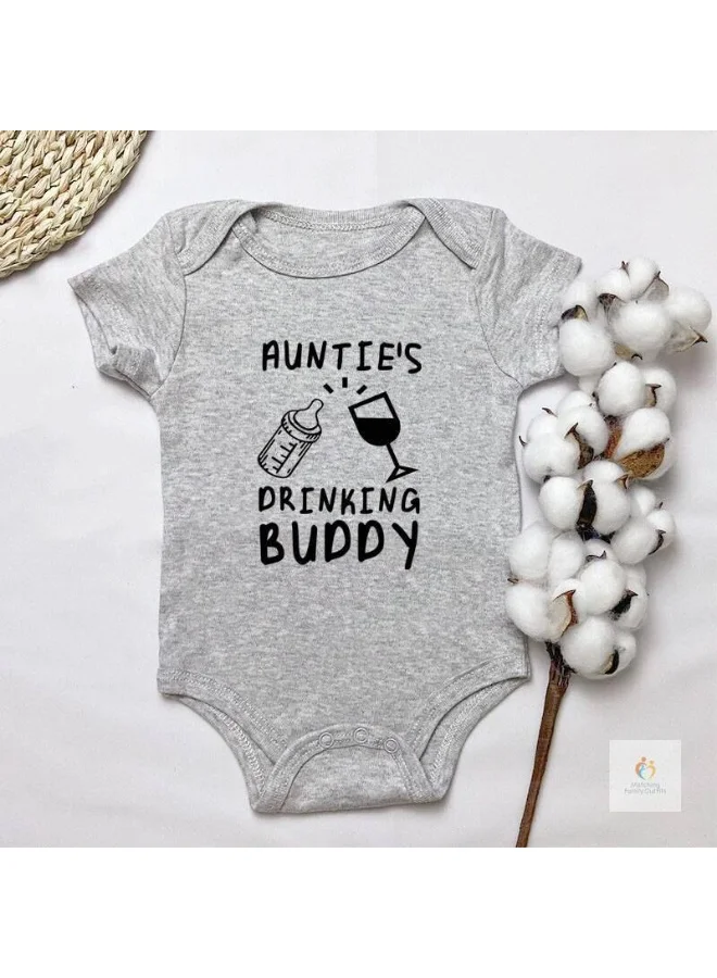 Matching Family Outfits Auntie’s Drinking Buddy Baby Romper – Pink | Funny Quote Cotton Bodysuit | Short Sleeve Infant Onesie | Baby Shower Gift for Newborn Girl | Matching Family Outfits