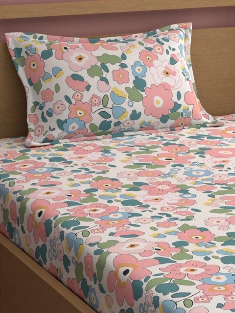 LOOMLYFE 300 TC Cotton Feel Glace Elastic Fitted Printed Single Bed Bedsheet with 1 Pillow Cover Fits Upto 6 Inches Mattress,Size- 42X75X8 Inches, Pinkflowers - Image 2