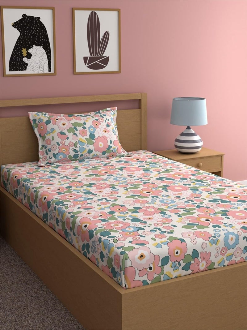 LOOMLYFE 300 TC Cotton Feel Glace Elastic Fitted Printed Single Bed Bedsheet with 1 Pillow Cover Fits Upto 6 Inches Mattress,Size- 42X75X8 Inches, Pinkflowers - Image 1