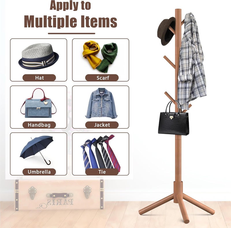 Haddockway Wooden Coat Rack Stand with 8 Hooks New Zealand Pine 3 Adjustable Coat Standing Tree Easy Assembly for Coats, Hats, Scarves and Handbags for Entryway, Hallway, Bedroom, Office - Image 5