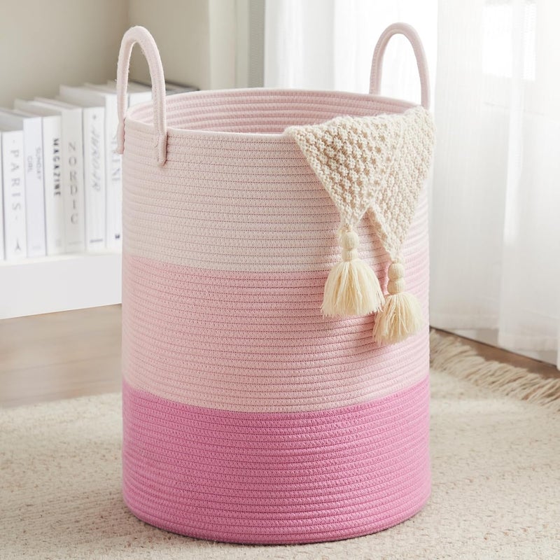 Fiona's magic Cotton Rope Laundry Hamper by, Tall Woven Laundry Basket Storage, Baby Nursery Hamper for Blankets, Toys and Clothes Hamper for Bedroom and Living Room Organizing, 58L, Pink - Image 1