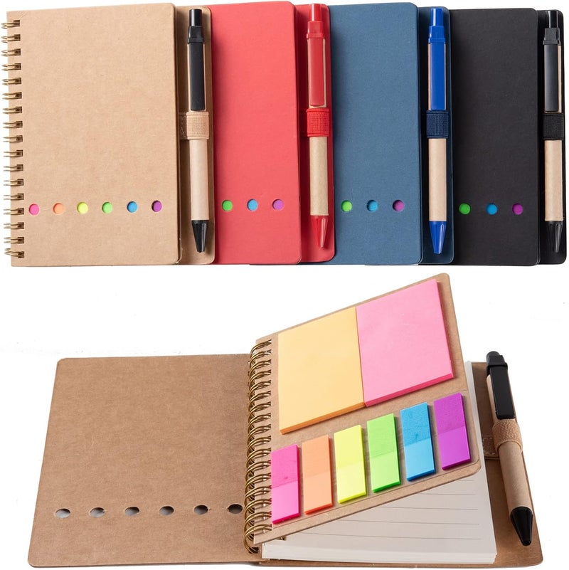 Excefore Spiral Notebooks for Note Taking 4 Packs Small Notebooks with Pen in Holder and Sticky Notes, Page Marker Colored Index Tabs Flags (4 Colors Black/Red/Brown/Blue 4 Packs) - Image 1