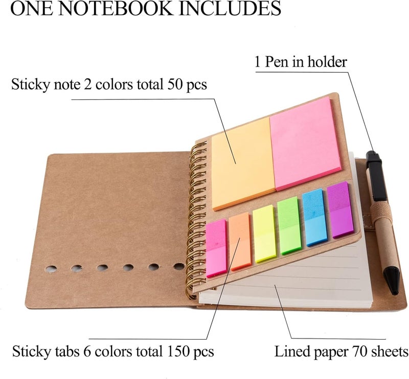 Excefore Spiral Notebooks for Note Taking 4 Packs Small Notebooks with Pen in Holder and Sticky Notes, Page Marker Colored Index Tabs Flags (4 Colors Black/Red/Brown/Blue 4 Packs) - Image 3