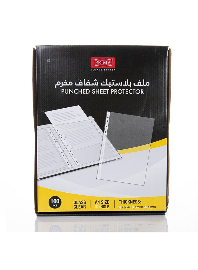 PRIMA Clear 100-Pack A4 Sheet Protectors for Documents, Acid-Free PVC-Free Polypropylene 0.05 mm, Top-Load | Pre-Punched 11-Hole A4 for 3-Ring Binders sheet protector a4 - Image 1