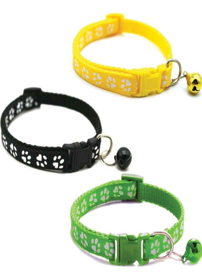 Litvibes Cat Collars Set of 3 with Bell,Kitten & Small Soft Adjustable Collar Safe,Solid Breakaway for Cats & Puppies,Cute Kitty Neckband with Paw Print- (Black,Yellow,Light Green) - Image 1