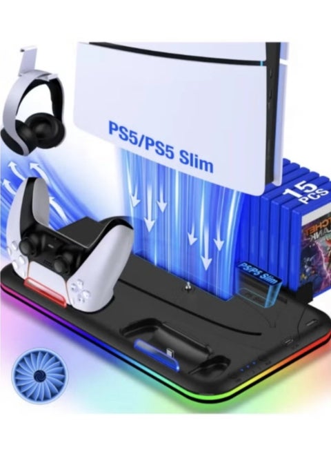 PS5 Controller Charger, LED Dock Cooler for Sony Playstation 5, Console Support Base, Game Stand, Gaming Accessories (Black)