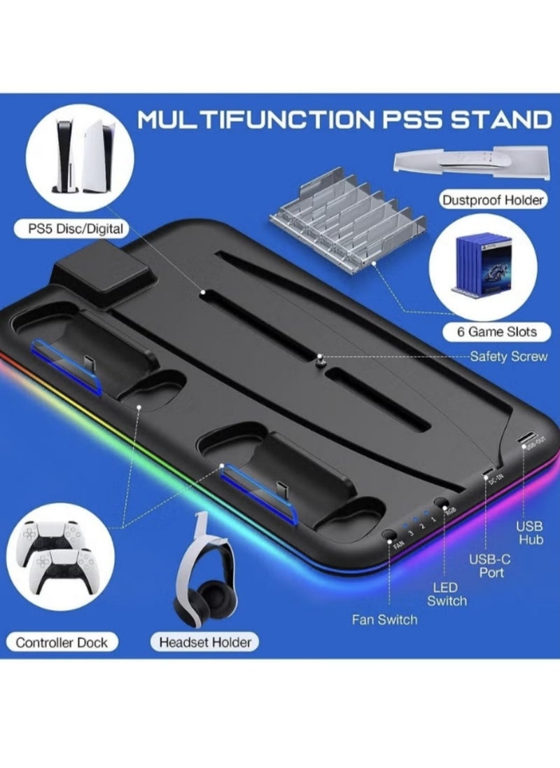 PS5 Controller Charger, LED Dock Cooler for Sony Playstation 5, Console Support Base, Game Stand, Gaming Accessories (Black)
