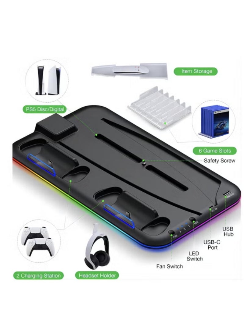 PS5 Controller Charger, LED Dock Cooler for Sony Playstation 5, Console Support Base, Game Stand, Gaming Accessories (Black)