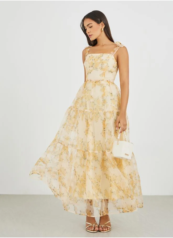 Styli Styli Floral Print Tie-Sleeve Tiered Maxi Dress