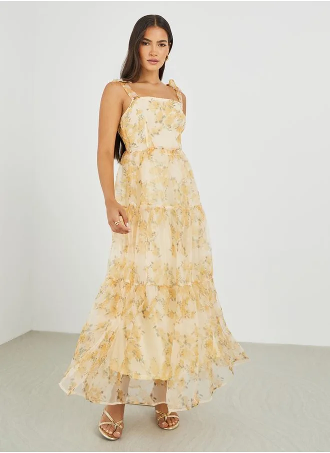 Styli Styli Floral Print Tie-Sleeve Tiered Maxi Dress